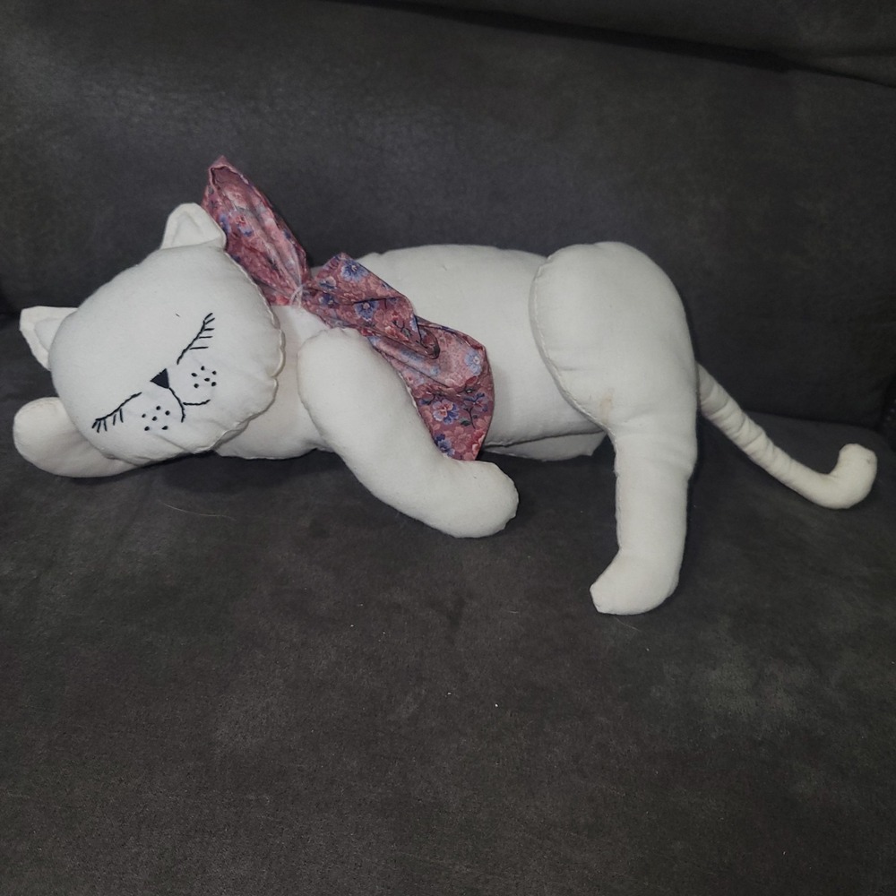 Vintage Handmade white cat pillow stuffed ledge shelf sitter country folk